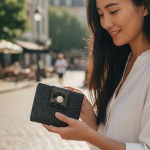 Authentic Bvlgari Small Monogram Black Denim Wallet with Silver Button Accent